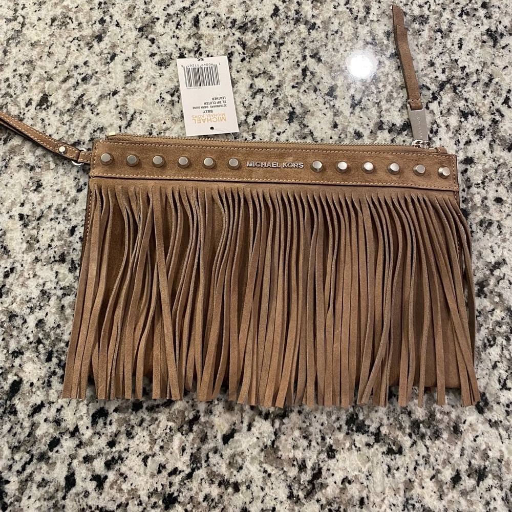 NWT Michael Kors Billy XL Zip Clutch Suede Dark Dune bag FRINGE